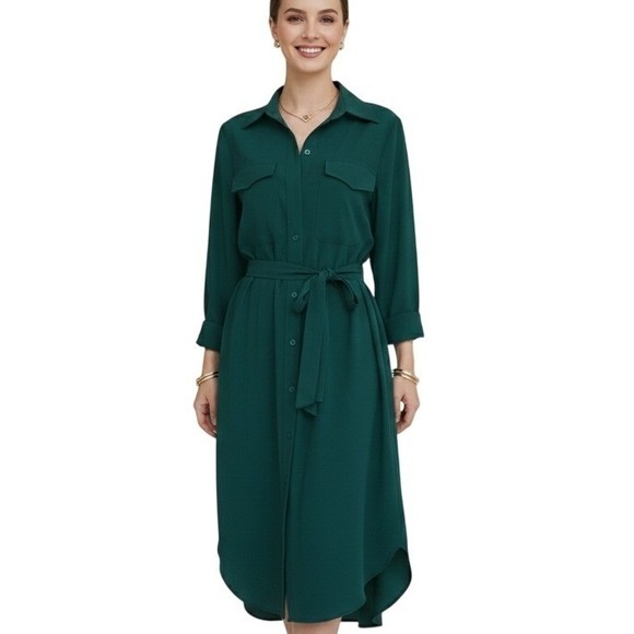 MP Massimo Piombo Dresses & Skirts - MP Massimo Piombo Midi Shirtdress Forest Green Button Front Belt XL NWT $110
